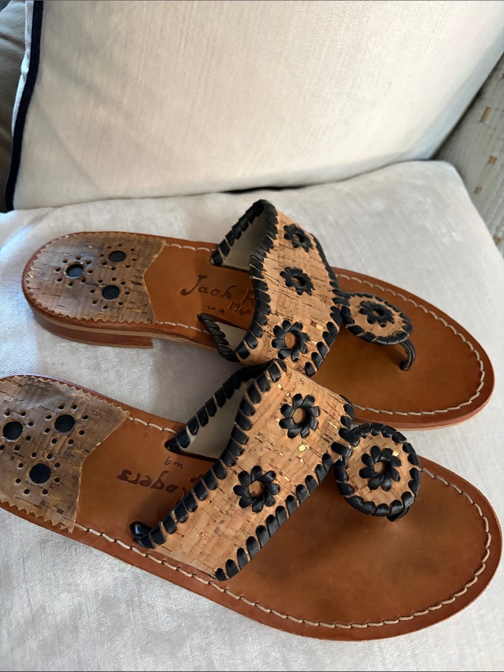 Jack Rogers Cork Floral Whipstitch Slide Sandals in Tan and Black